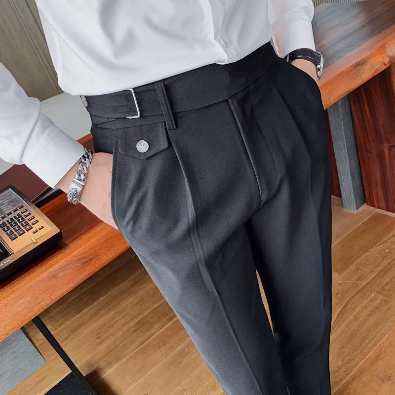 Men British Style Suits Pants Business Casual Trousers Male Solid High Waist Trousers Quality Man Formal Wear Slim Suit Pants