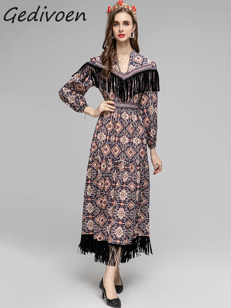 

Gedivoen Summer Fashion Designer Vintage Pattern Printed Dress Women's Lantern Sleeve Tassels High Elastic Waist Slim Long Dress
