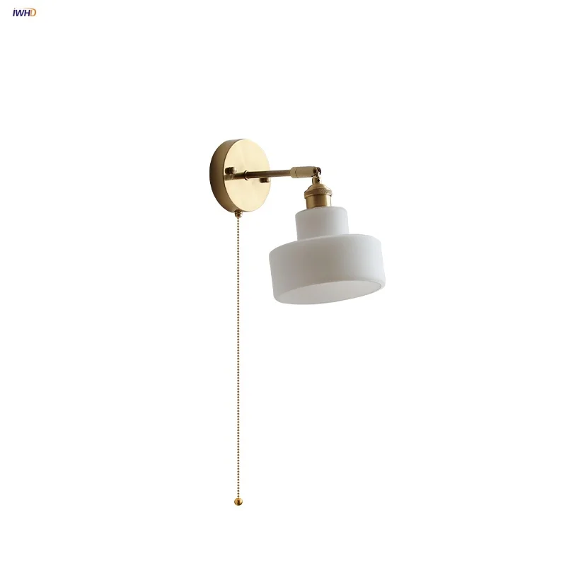 

IWHD Copper Base LED Wall Lamp Sconce Restaurant Bedside Hallway Pull Chain Switch Nordic Modern White Glass Stair Light Fixture