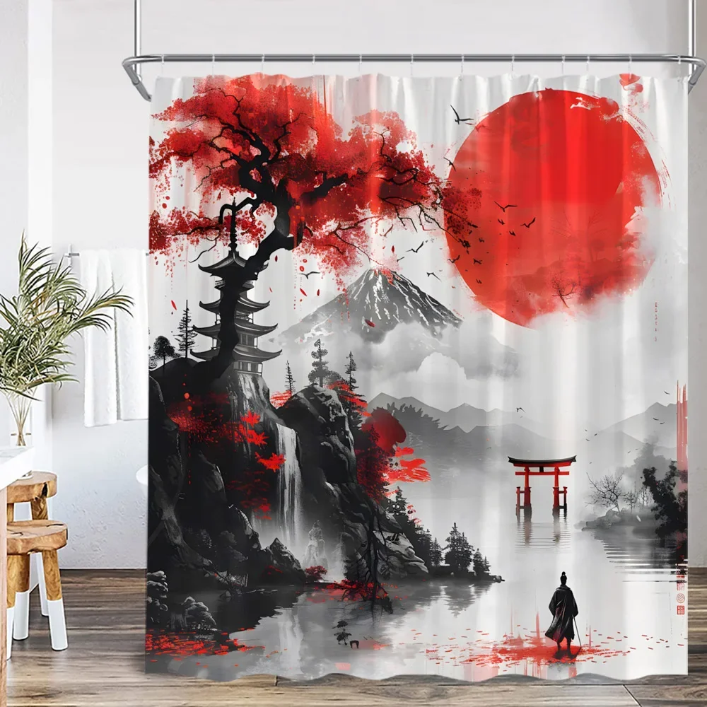 Samurai Geisha Japanese Style Ink Painting Shower Curtain Japan Shrine Red Sun Mountain River Pink Cherry Blossom Bath Curtain