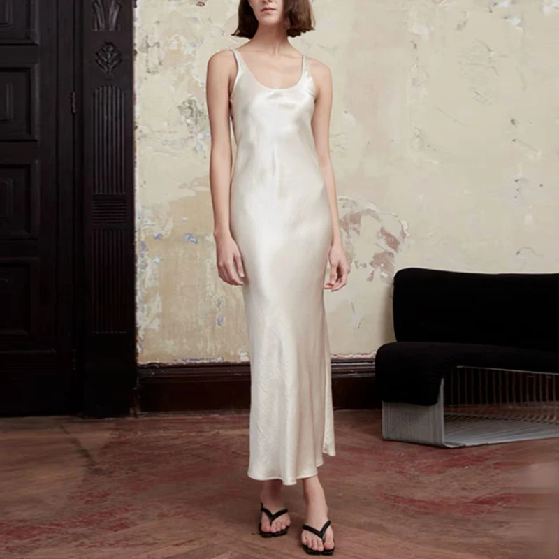 

High Quality Imported Triacetic Acid Women Backless Vest Dress Elegant Ladies Summer Satin Spaghetti Strap Long Dresses Party