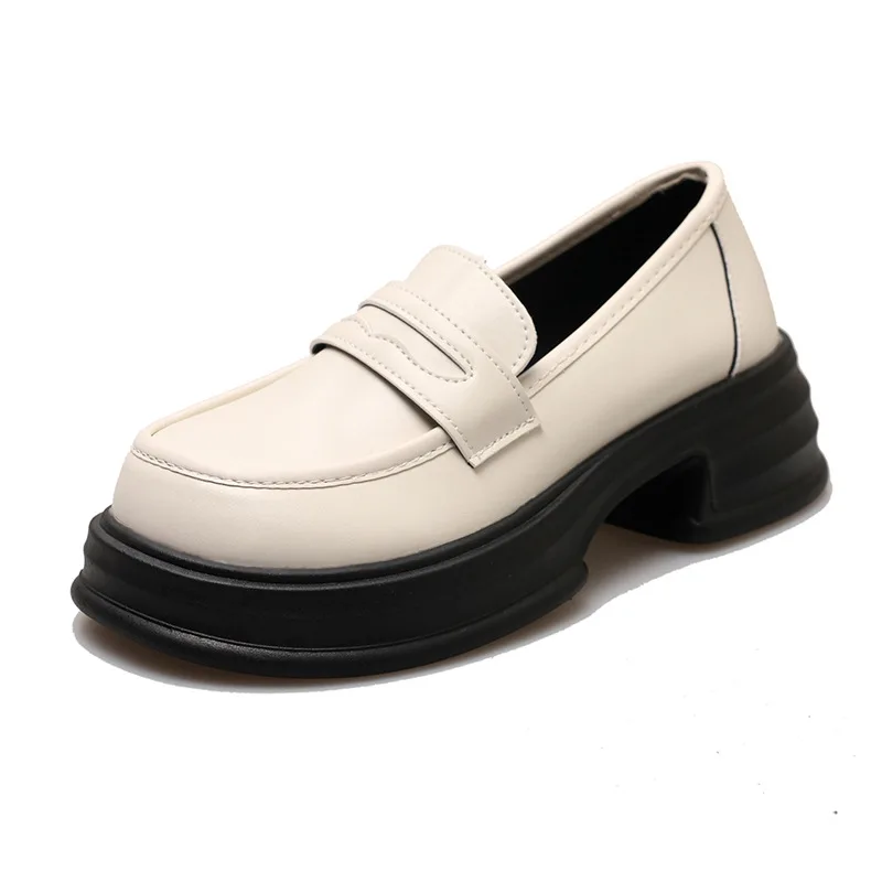 Zapatos pequeños de cuero para mujer, mocasines de suela gruesa, estilo británico jk, Primavera, 2024