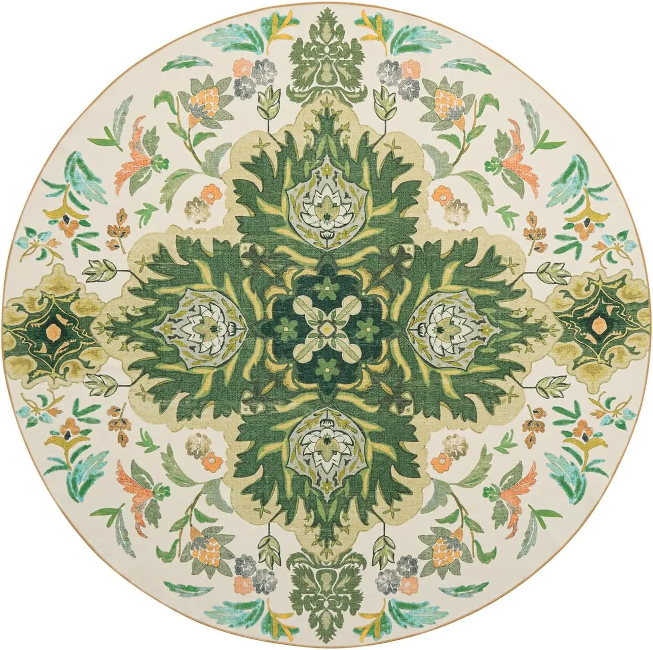 

Круглый ковер — нескользящий винтажный напольный ковер в стиле бохо, нейтрально-зеленый цветочный узор медальона для гостиной, спальни