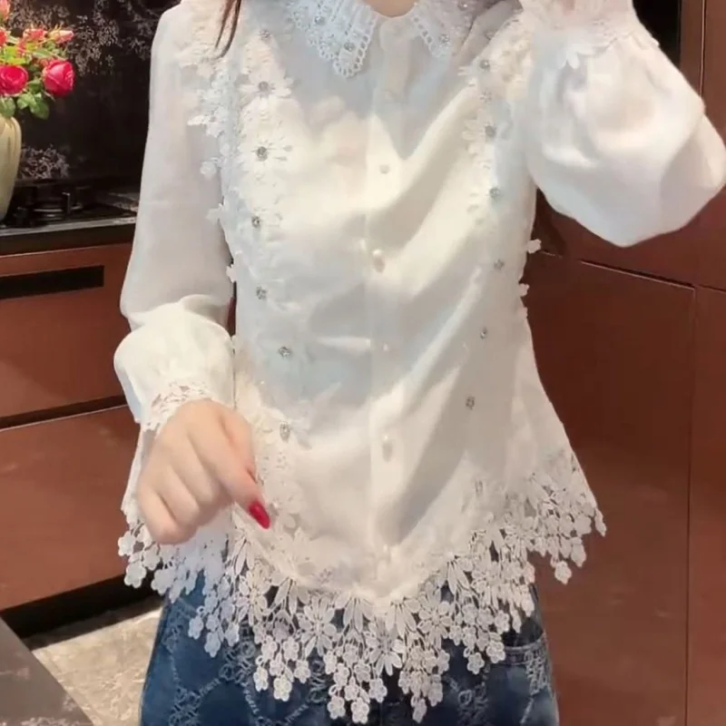 

Новая модная рубашка с цветочной вышивкой, женская французская белая кружевная лоскутная осенняя роскошная элегантная блузка с длинными рукавами и бисером, топ