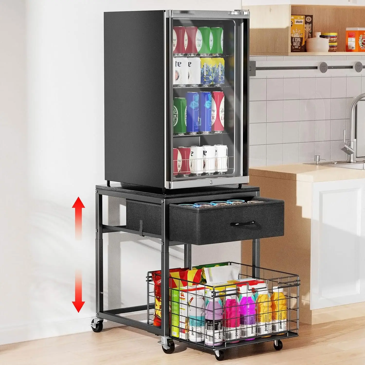 Mobile Mini Fridge Stand With Storage Drawer, Heavy Duty Small Refrigerator Cart With Lockable Wheels, Height Adjustable Microwave Appliance Shelf Holder Cabinet For Home Dorm Office, Black