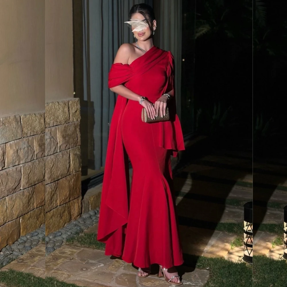 

Evening Saudi Arabia Jersey Draped Celebrity Mermaid One-shoulder Bespoke Occasion Gown Midi Dresses