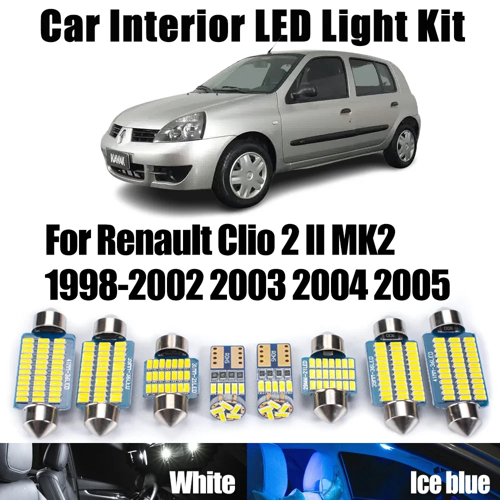 8 Uds Canbus vehículo LED Interior mapa cúpula lectura maletero Kit de luz para Renault Clio 2 II MK2 1998-2003 2004 2005 accesorios de coche