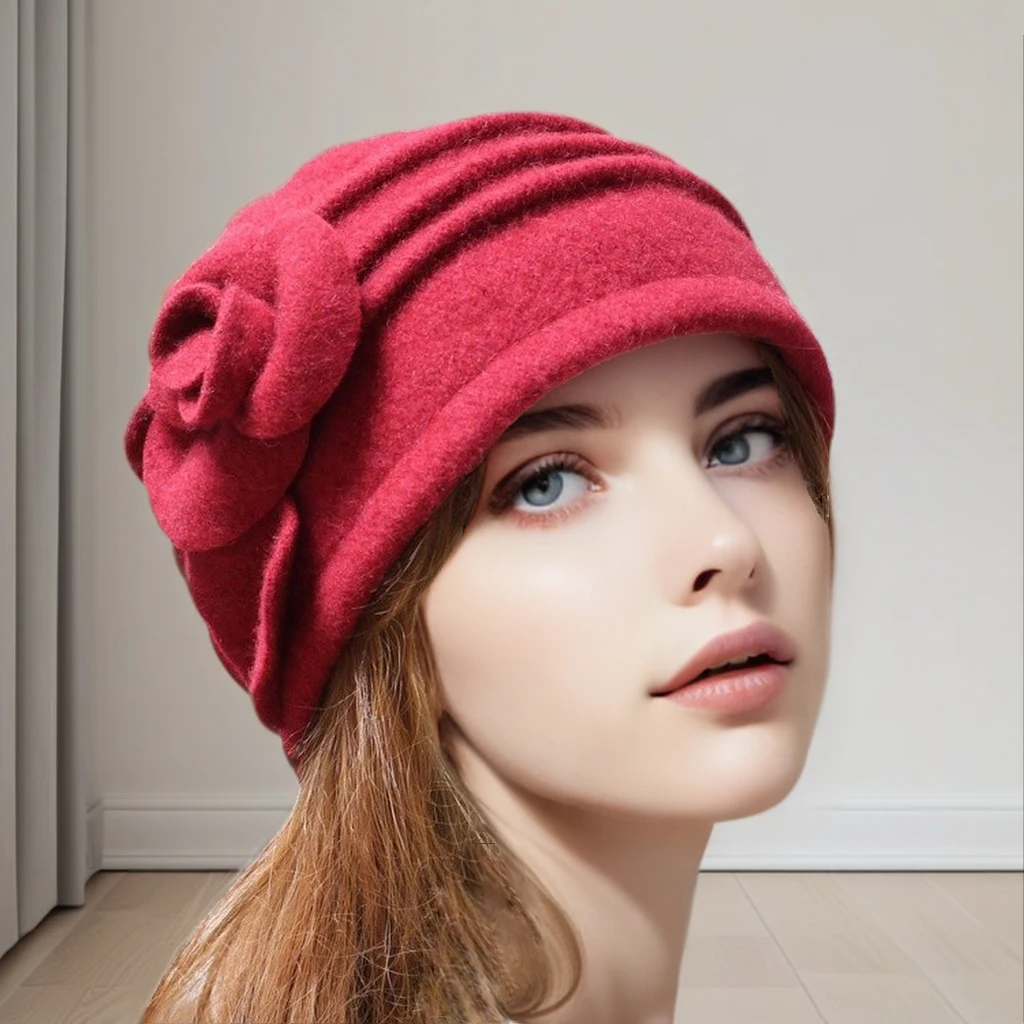 Ladies' Elegant Wool Fisherman Hat - Fashionable Solid Color, Knitted Design with Flower accents, Non Stretchable