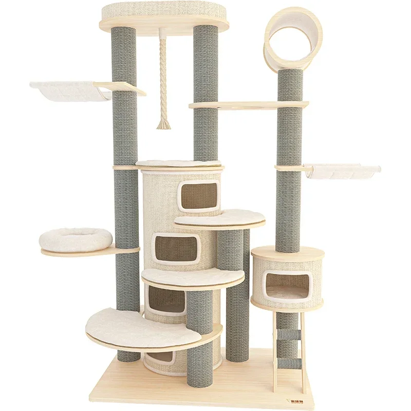 Multi-layer cat tree natural wooden with house modern luxury large cat climbing frame cat scratching board tree tower