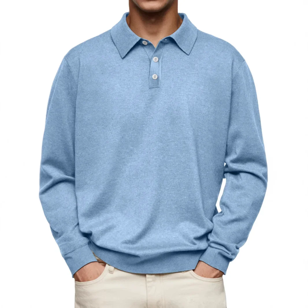 

LIBIELIY Autumn Spring Men's Casual Trendy Loose Long Sleeve Turn-down Collar Button T-shirts Solid Color V-neck Polo Shirts Mal