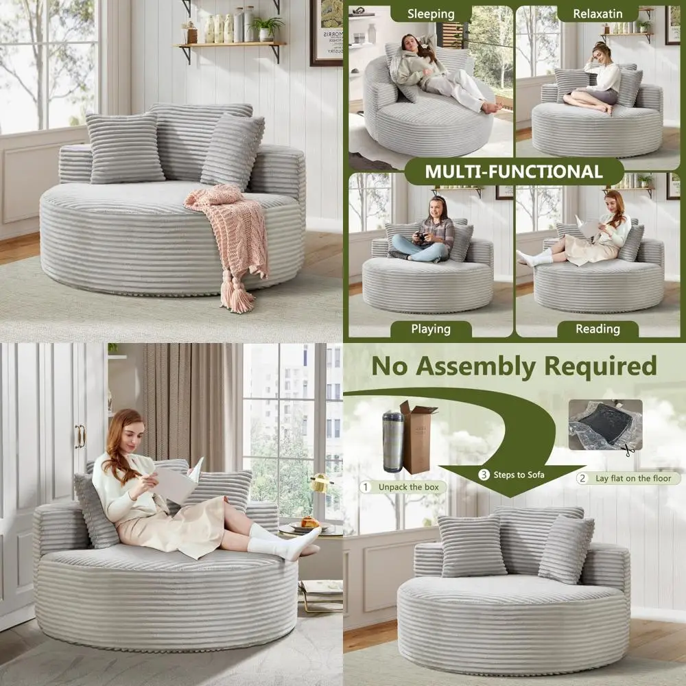 56-дюймовый круглый стул большого размера, шезлонг для дома, современный вельветовый стул с мягкой обивкой и глубоким сиденьем, удобный пушистый рукав