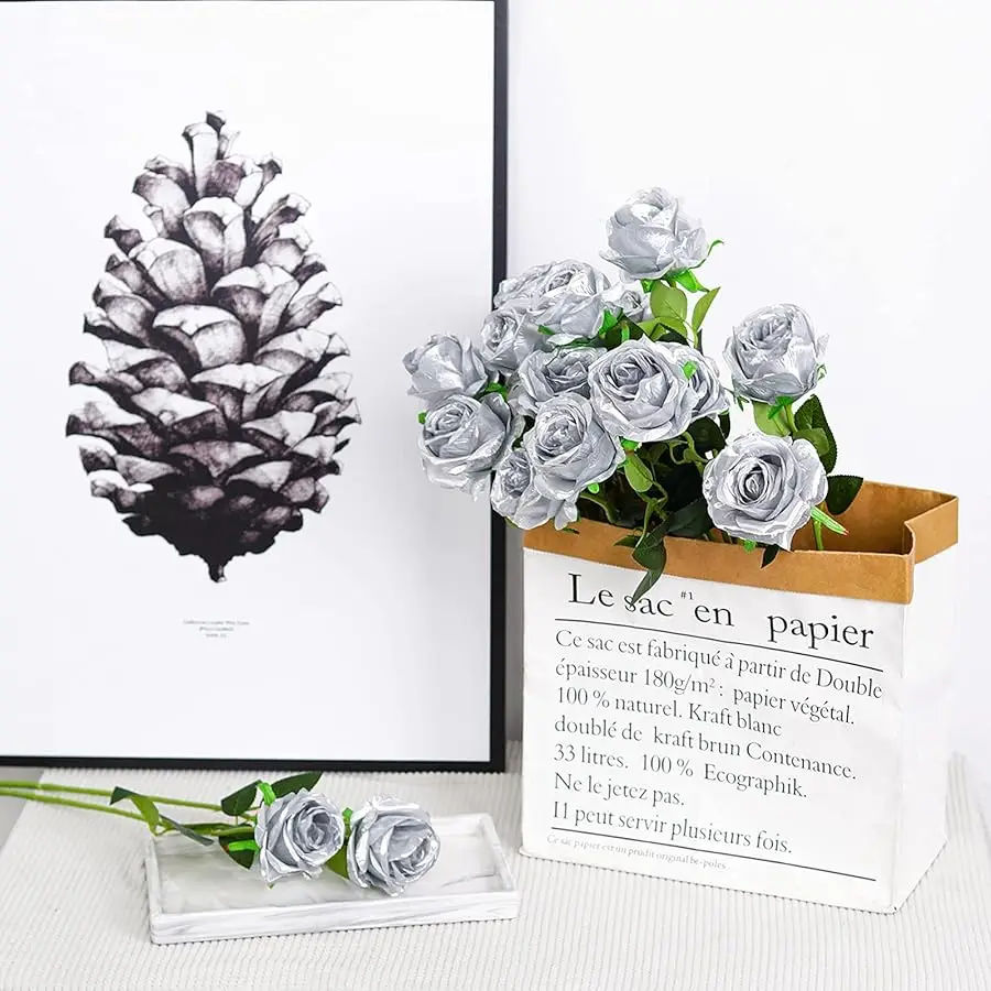 12 STKS Kunstzijde Bloemen Realistische Rozen Boeket Lange Steel voor Thuis Bruiloft Decoratie Feest (Zilver 1)