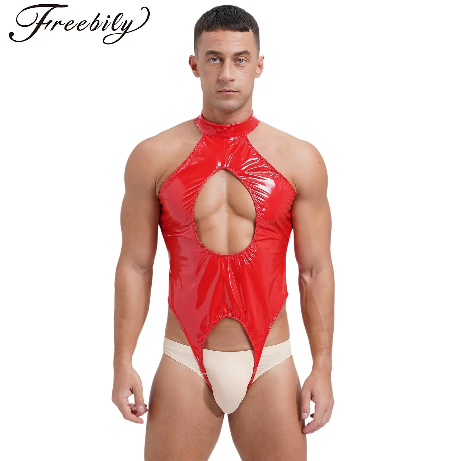 

Patent Leather Bodysuit for Mens Wet Look Mock Neck Sleeveless Tempting Cut Out Crotchless Catsuit Jumpsuit Sissy Nightwear