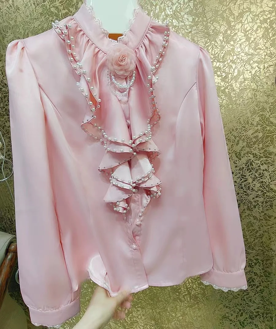 Beaded Flower Stitch Pink Blouses Shirts For Women 2024 Spring Autumn New In Long Sleeve Office Lady Tops Camisas De Mujer