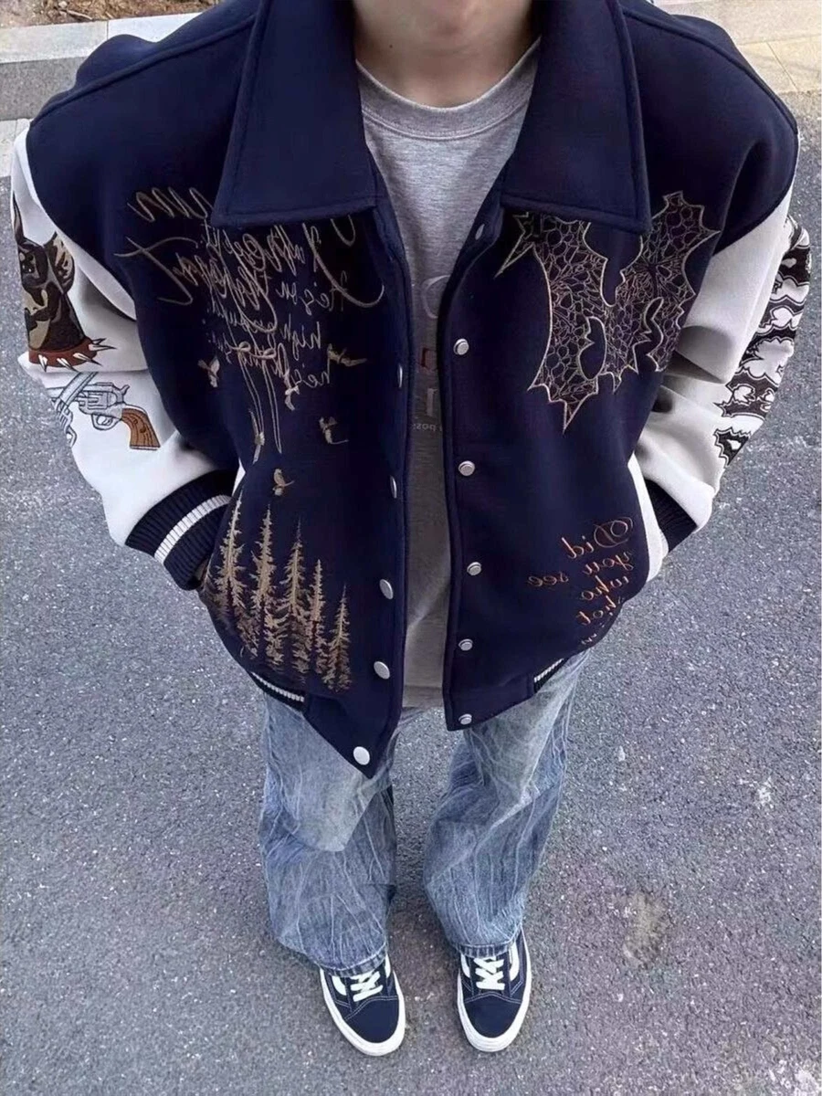 

New 2025 American Sle Heavy Embroidery Patchwork Color Blo Baseball Jaet Men's Trendy High Street Couple Turn-down Coll...