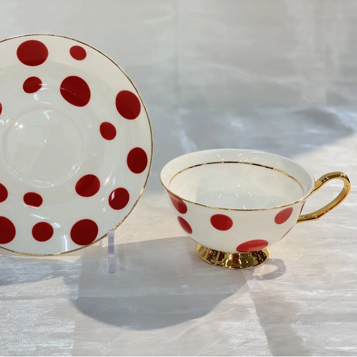 

Vintage European Red White Polka Dot Ceramic Coffee Cup and Saucer set Milk Tea Cup Elegant Gold Trim Tea Set