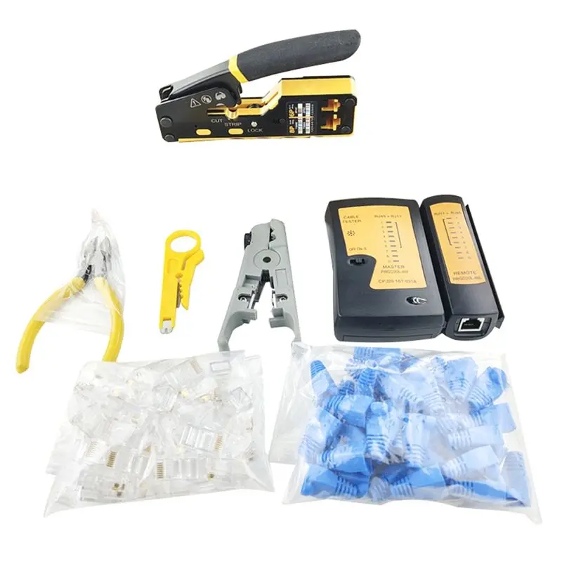 absl-rj45-crimp-tool-kit-with-cable-tester-wire-cutter-blades-50-cat-6-connectors-and-strain-relief-boots