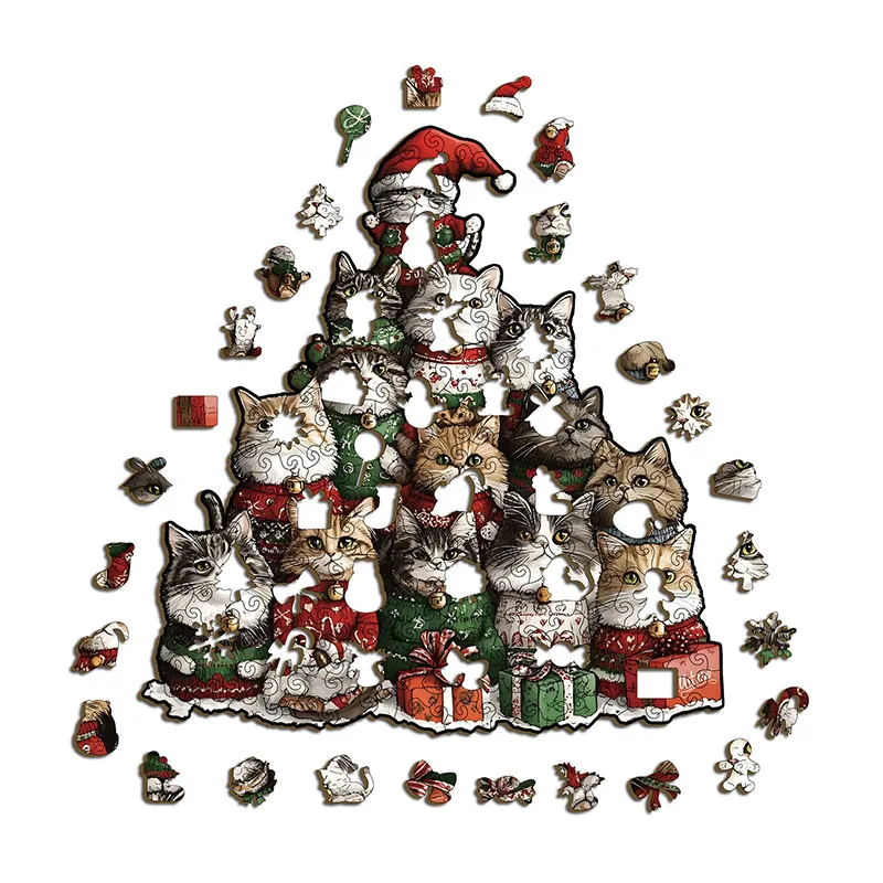 194 Elementy Puzzle Świąteczne Koty Puzzle Nieregularne Drewniane Puzzle w Kształcie Kota Gra Antystresowa Prezent na Urodziny Boże Narodzenie Dekoracja Domu