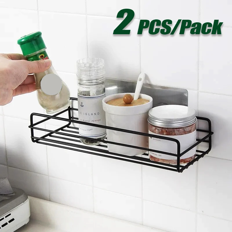 2 PCS Kitchen Iron Storage Shelf Kitchen Spice Corner Shelf Self-Stick Shelf No Drill Multifunctional Shelf Kitchen Accessories