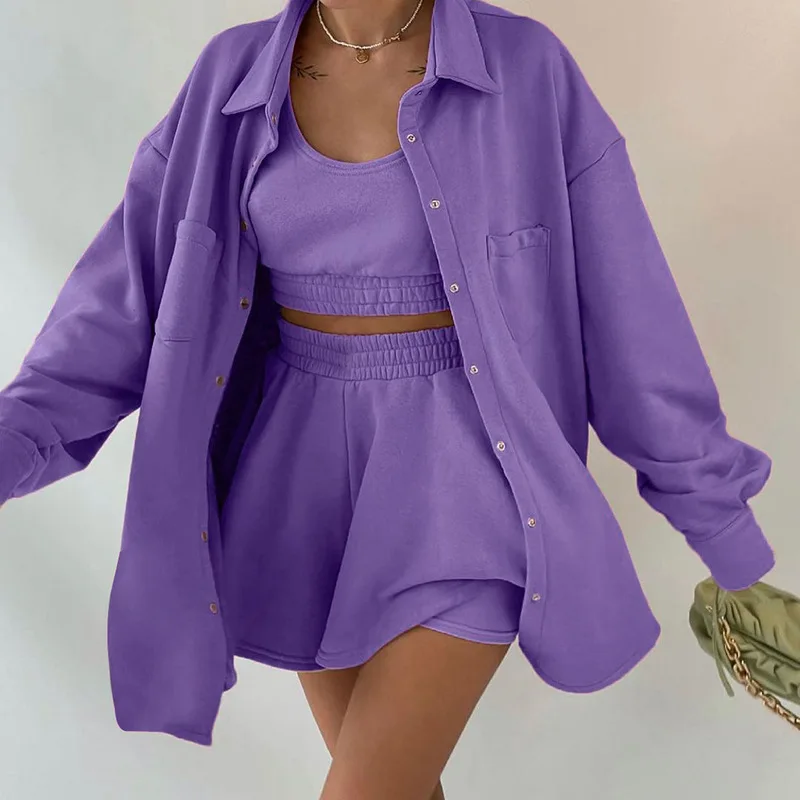 

2026 Spring/Summer New Women's Fashion Casual Long Sleeve Flip Collar Buckle Loose Long Sleeve Sportswear Shorts 3-Piece Set