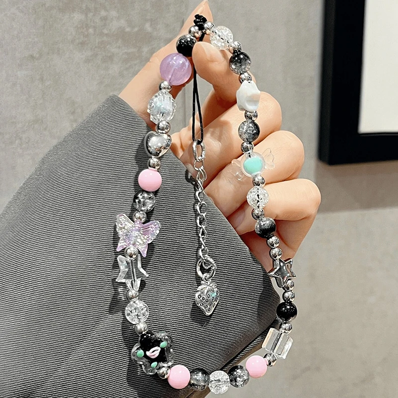 Korea Purple Beaded Flower Candy Butterfly Bracelet Phone Chain Pendant For iPhone Universal Accessories Chain Stylish Jewelry