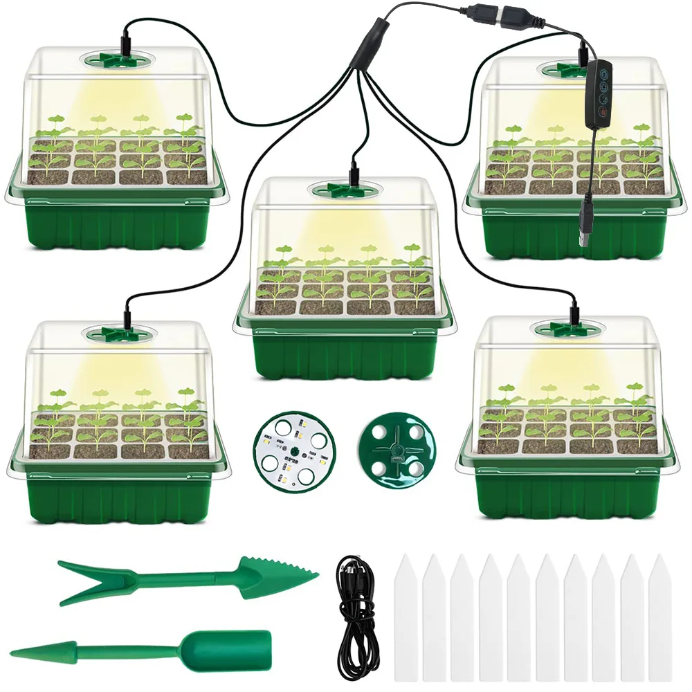 Lámpara LED para Cultivo, Caja de Cultivo, Bandejas de Germinación para Plantas y Flores, Lámpara de Cultivo para Invernadero Doméstico, Macetas de 12 Celdas para Plántulas, Kit con Temporizador y Controlador