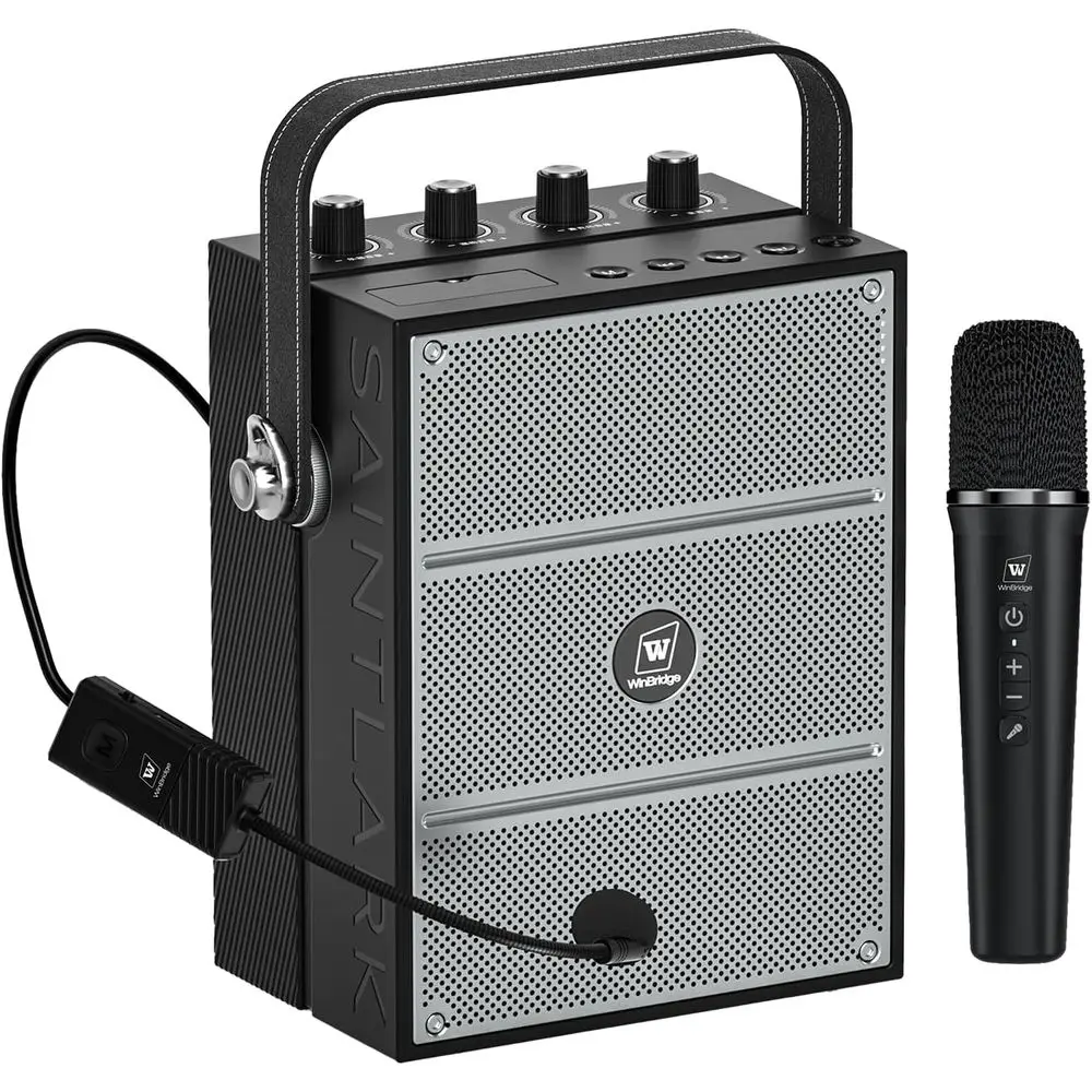 

Беспроводной усилитель 60 Вт с двумя микрофонами, портативная акустическая система для караоке, звуковых эффектов, гитарного входа, усиления басов