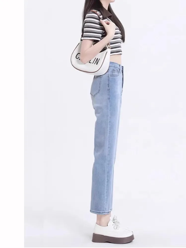 Slim Straight Blue Jeans Women's High Waist Cotton Stretch Denim Spring Summer New Style Eight Nine Points Ladies French Brea...