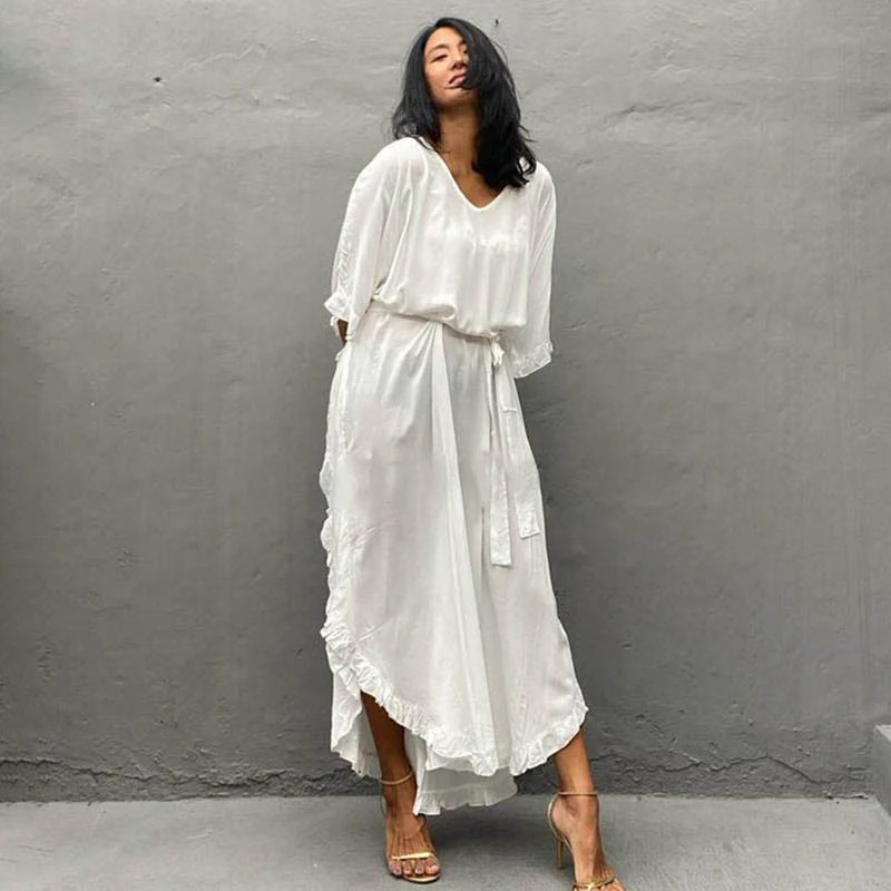 New Summer Maxi Beach Dress Women Loose Fit Cotton Rayon Flowy Cover Up Swimsuit Bikini Wrap Vacation Sun Protection