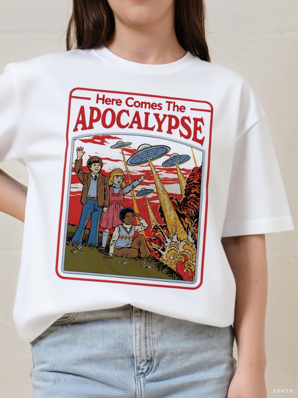 Retro Sci - Fi Here Comes The Apocalypse Cotton Tee Graphic للملابس العصرية والحواف - تي شيرت الهالوين المحبب لعيد جميع القديسين #5