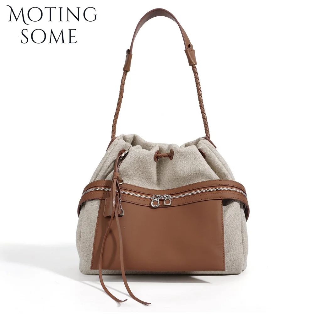 

MOTINGSOME 2026 New Cotton and Linen Pleated Handbag Woman Shoulder Bucket Bag Luxury Designer Commuter Underarm Bag Tote