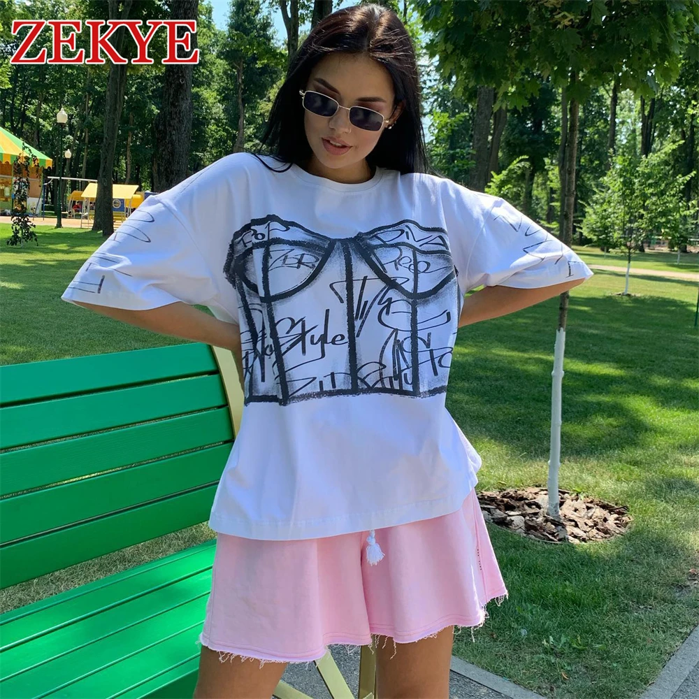 Zekye Printed Streetwear Vintage Tshirts Top Harajuku O Neck Chic Summer Basic Loose T-shirt Cloth Women Casual 90S Aesthetic