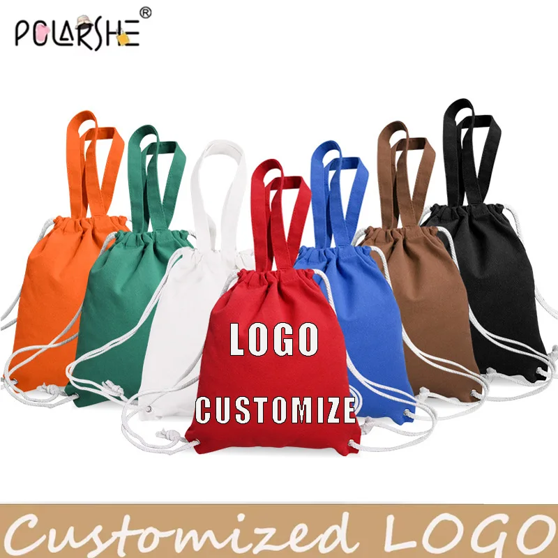 

Polarshe Custom Logo Cotton Drawstring Storage Bag Reusable Portable Canvas Grocery Shopping Bag Drawstring Backpack for Travel