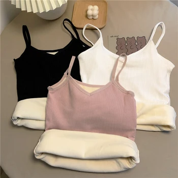 Frauen Winter warm Tank Top einfarbig thermisch lässig Nachtwäsche nahtlos gestrickt dünn Samt T-Shirt ärmellose Korsett Yoga Weste