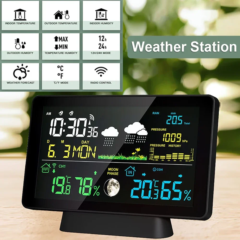 Multi-function Digital Weather Station Temperature Humidity Rainfall Barometric Pressure Moon Phase Weather Forecast Alarm Clock