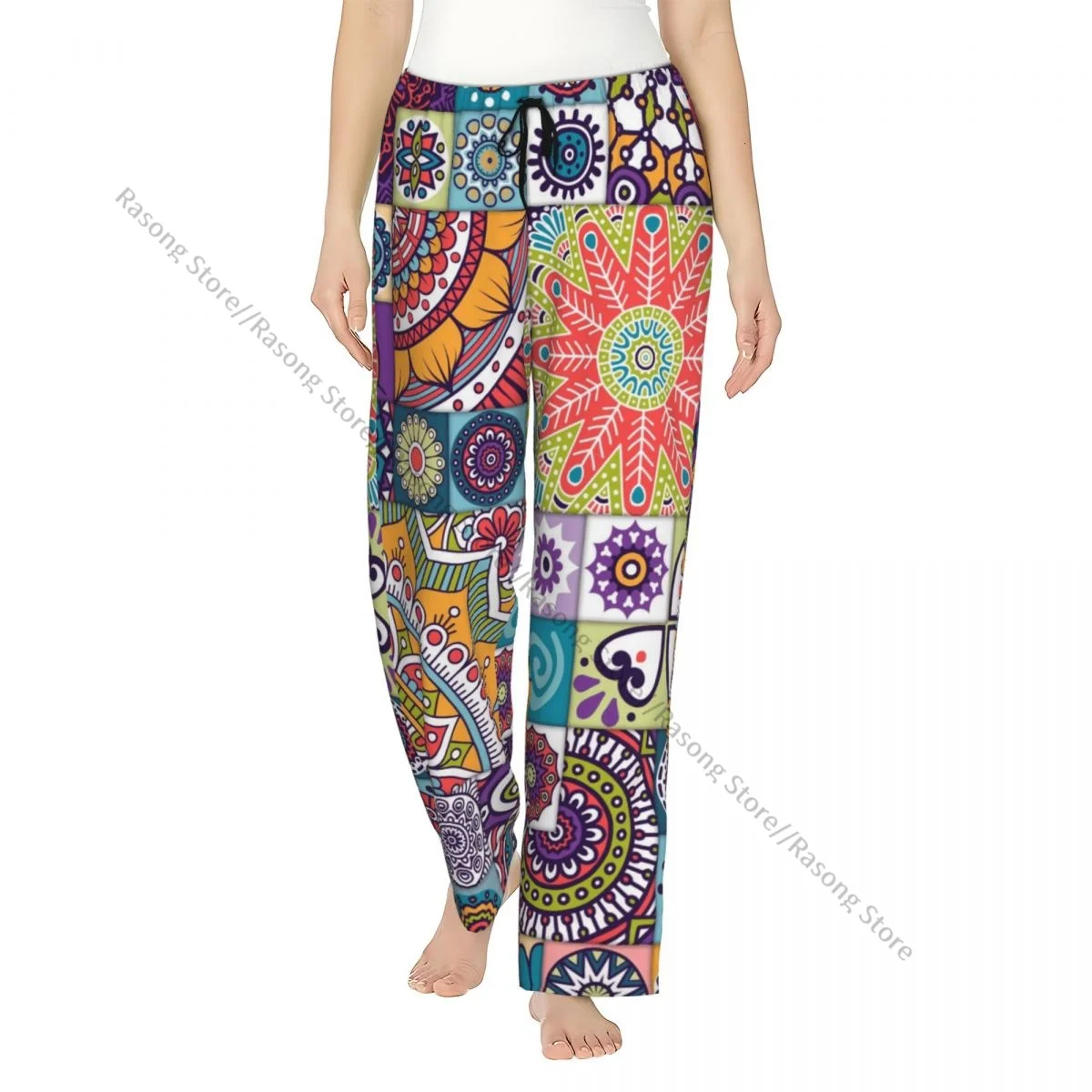 

Ethnic Mandala Tile Women Sleep Pants Warm Flannel Lounge Pants for Winter Nights