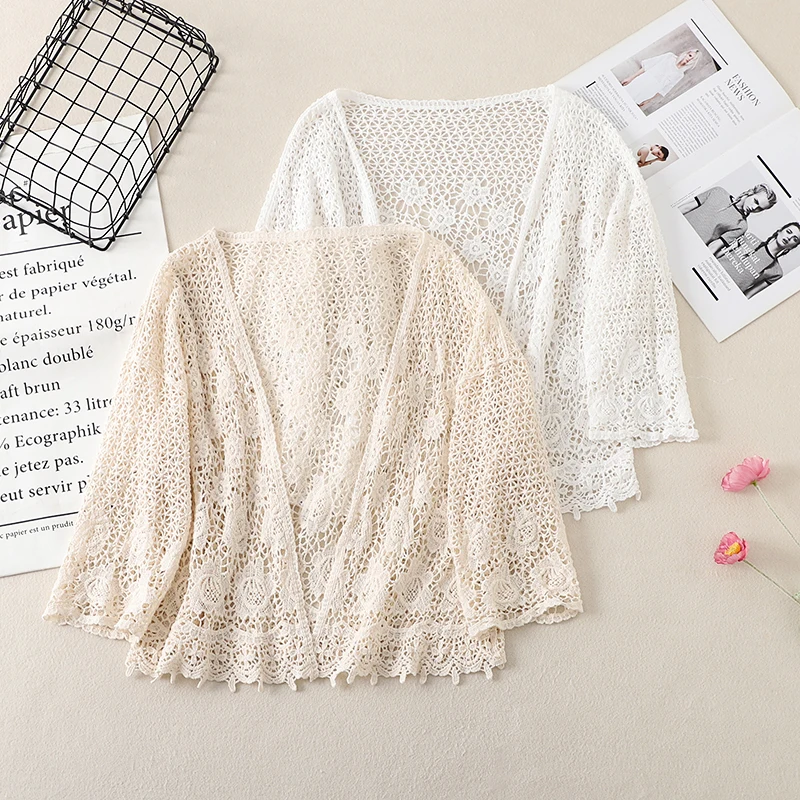 

Короткий ажурный кардиган с защитой от солнца, модный винтажный женский топ