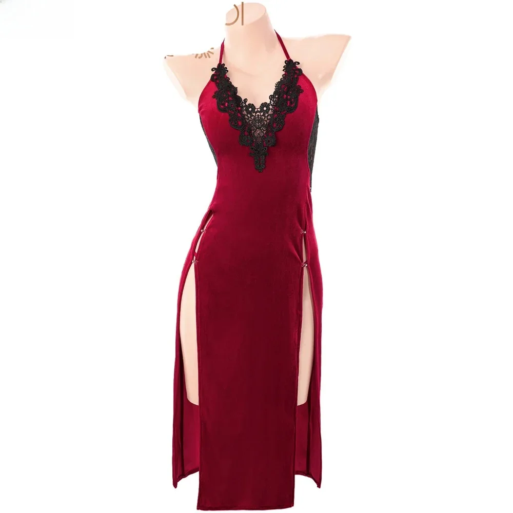 

Erotic Sexy Movie Superhero Women V-neck Long Lace Velvet Dress Uniform Outfits Cosplay Costume