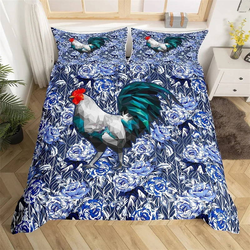 Indigo Rooster Duvet Cover Set Farm Animal Bedding Set Polyester Farmhouse Cock Hen Chicken Quilt Cover Blue Flower King Bed Set