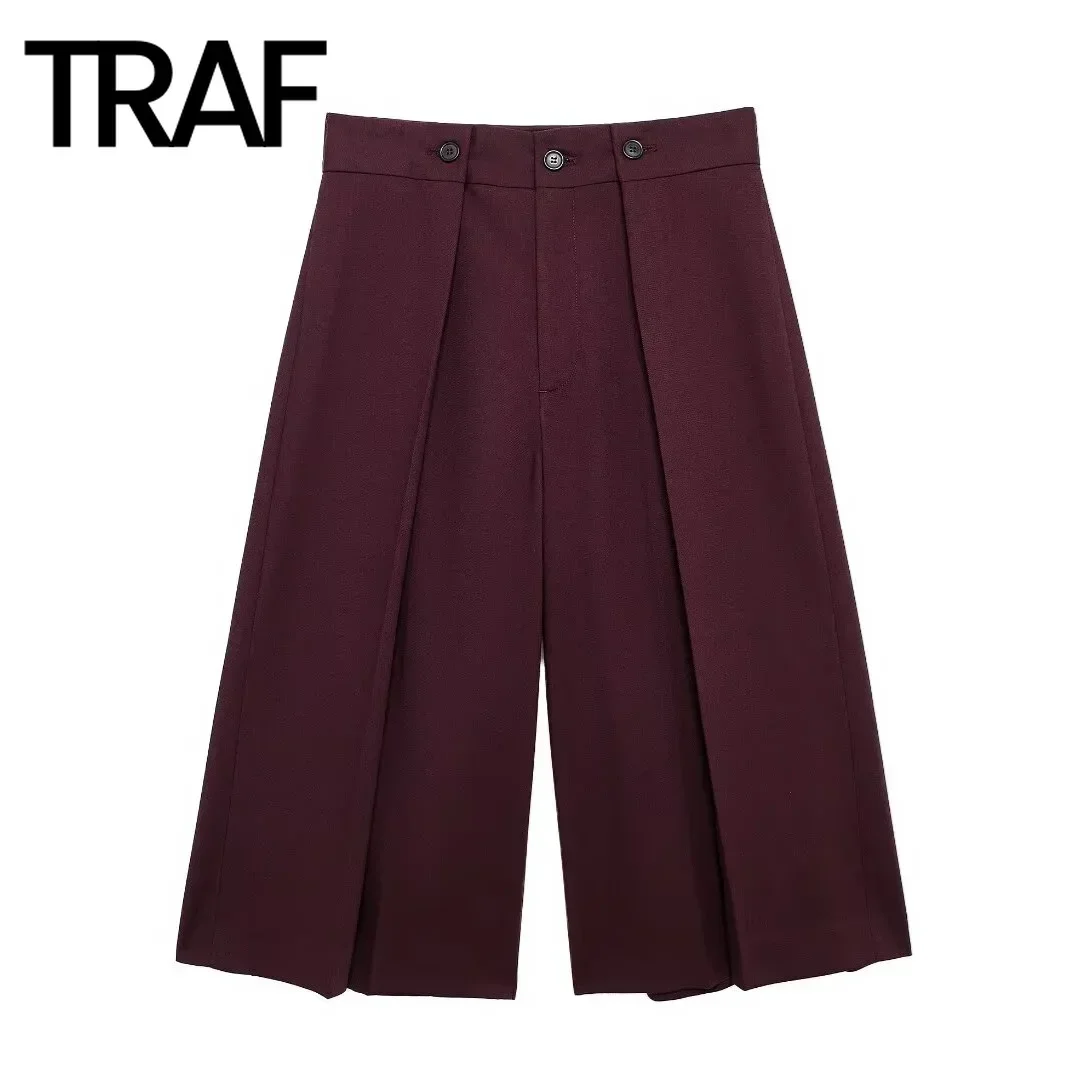 TRAF Shorts for Women Fashion 2024 Autumn Winter  New Casual Pleated Solid Color High Waist Zip Long A Line Wide-leg Pants