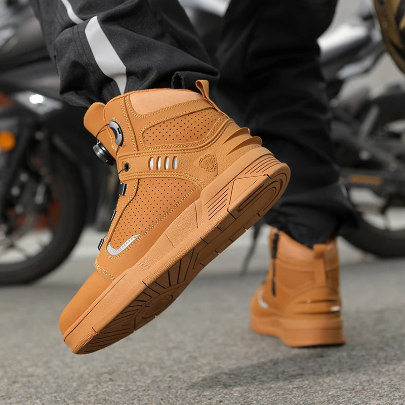 Zapatos antideslizantes de cuero genuino para hombre, botas protectoras transpirables para motociclistas, senderismo al aire libre