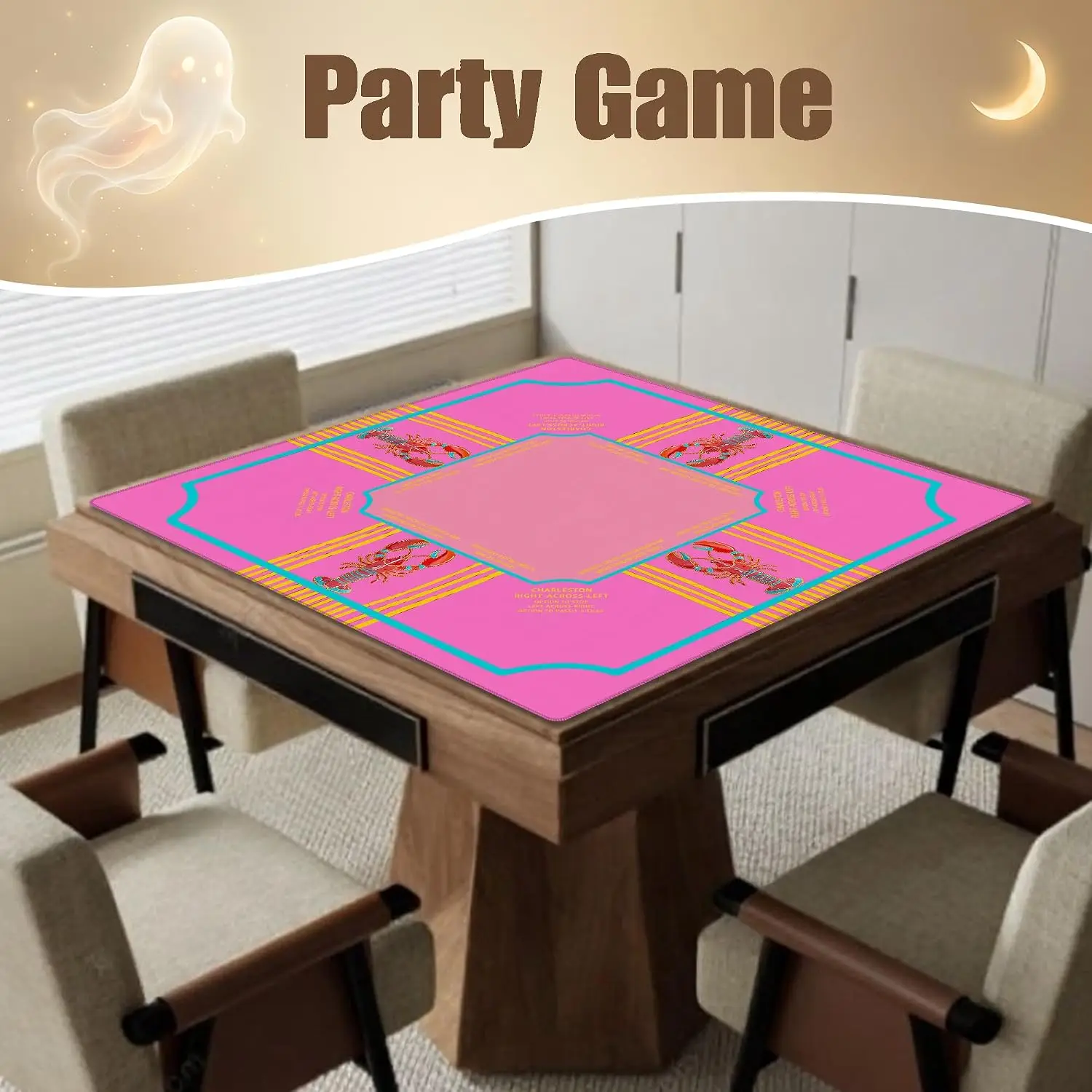 Luxury 3mm Neoprene Mahjong Mat 31.5 Inch Hot Pink Lobster Coastal Yellow Stripes Non-slip Noise Reduction for Card Games