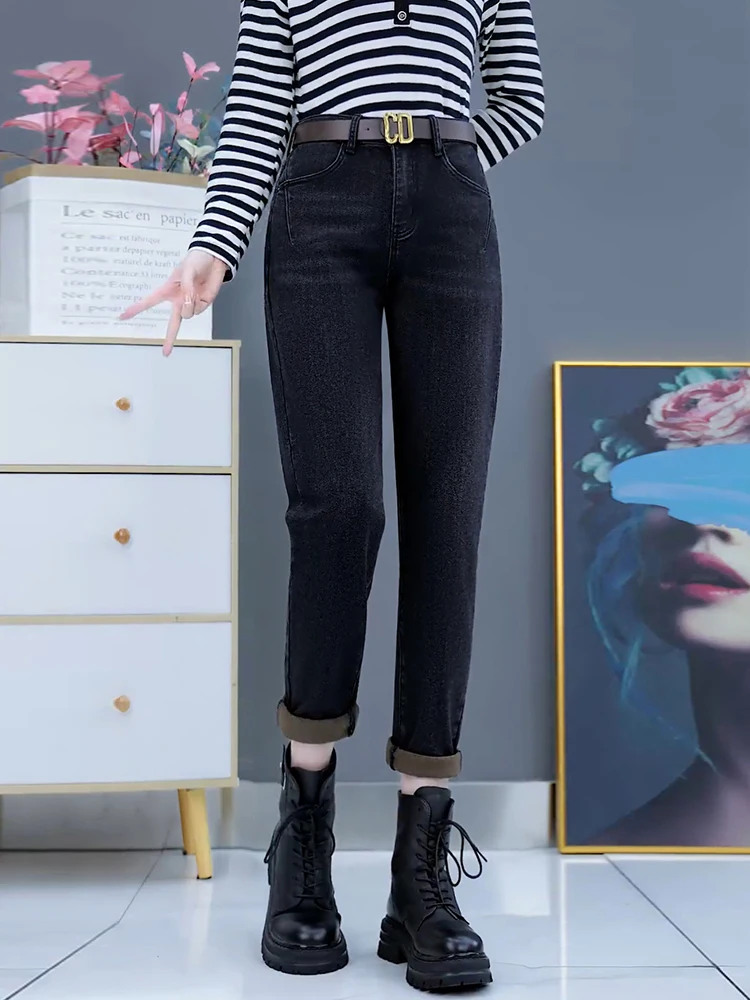 

High Waist Fleece Lined Loose Dad Jeans Women's Casual Straight Leg Slimming Harlan Pants Cotton Stretch Denim Winter Wear