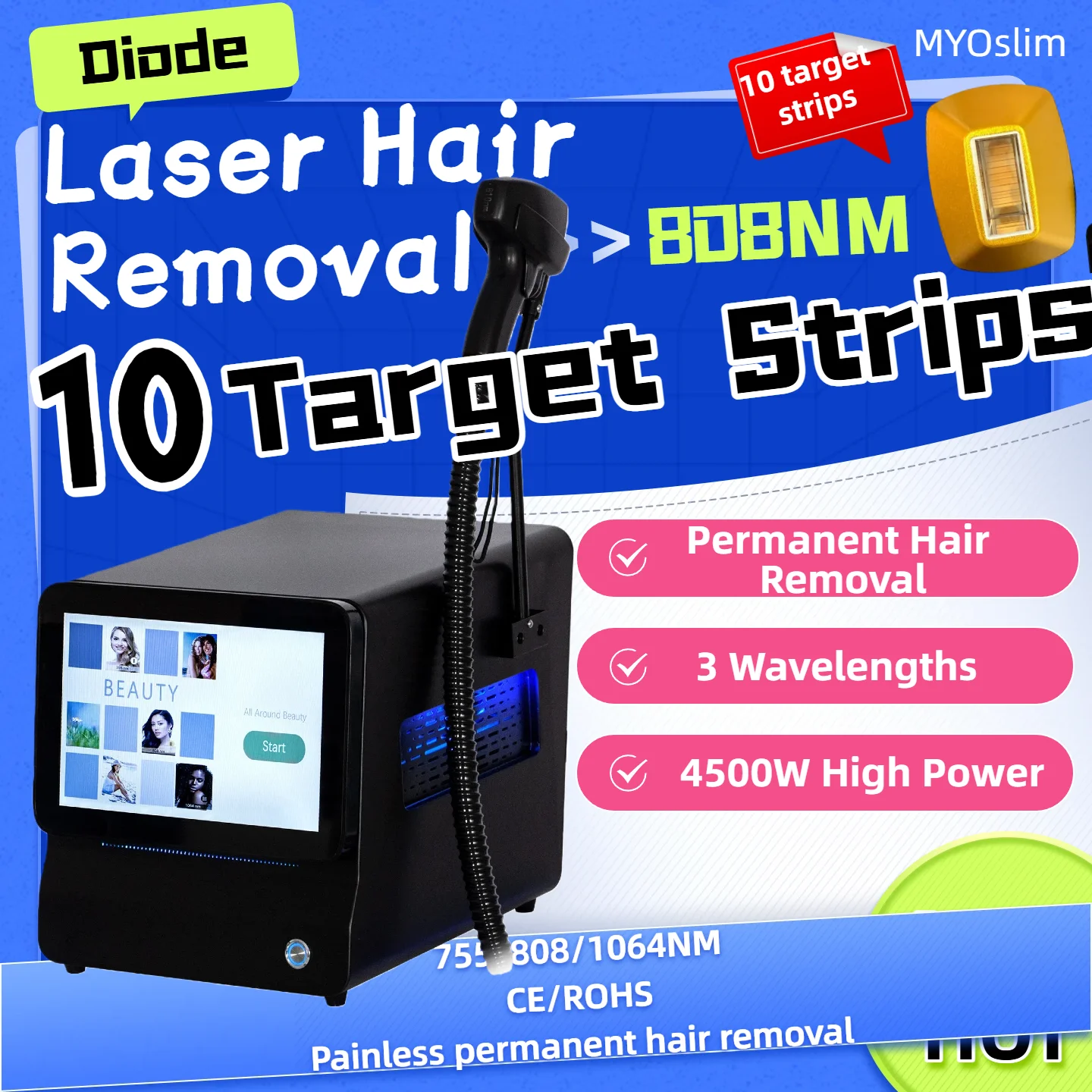 

Аппарат для безболезненного перманентного удаления волос диодным лазером с 10 диодными лазерными головками