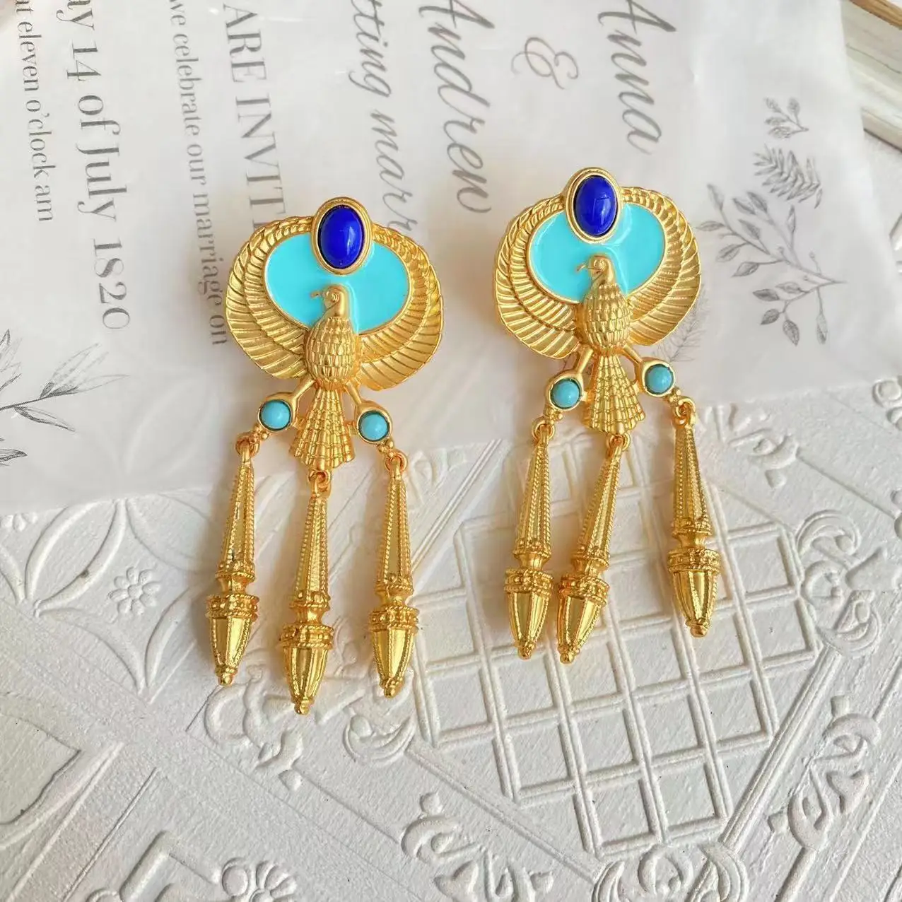 

Vintage Egypt 22K Real Gold Plated Lapis Turquoise Ear Drop Dangle Long Tassel Blue Enamel Earrings For Women Bohemia Jewelry