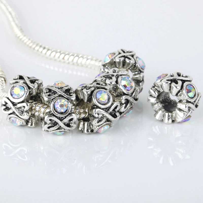 10pcs Mixed Crystal Rhinestone Charms Tibetan Silver Heart Shaped Curve European Big Hole Beads Jewelry Accessory For Making DIY