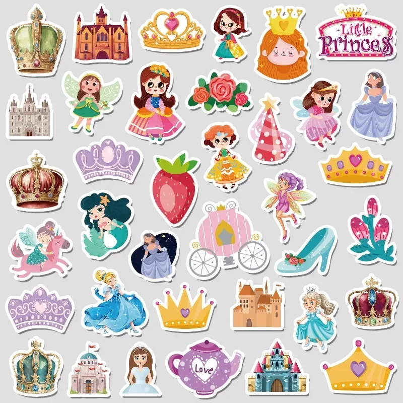 50pcs/bag Cartoon Kawaii Cute Princess Series Crown Stickers Waterproof Paster for Phone Case Hand-account Children Sticker Toy