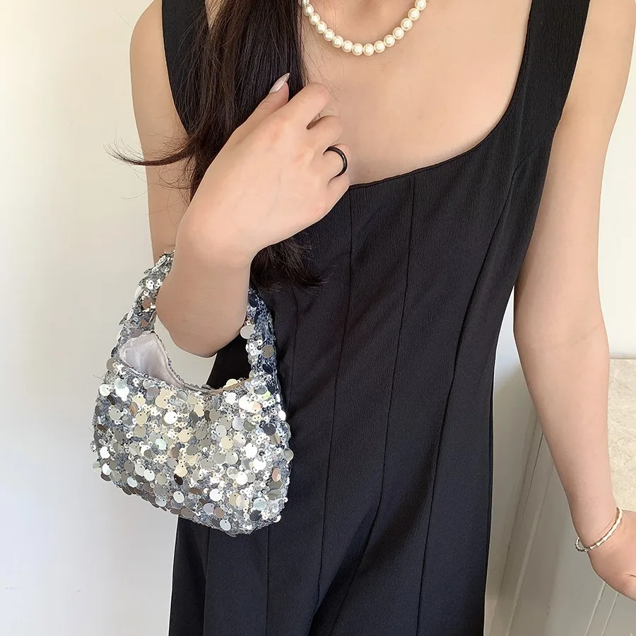 Sparkling Sequin Mini Shoulder Bags for Women 2024 Party Luxury Designer Korean Fashion Handbags and Purses Trend Underarm Bag