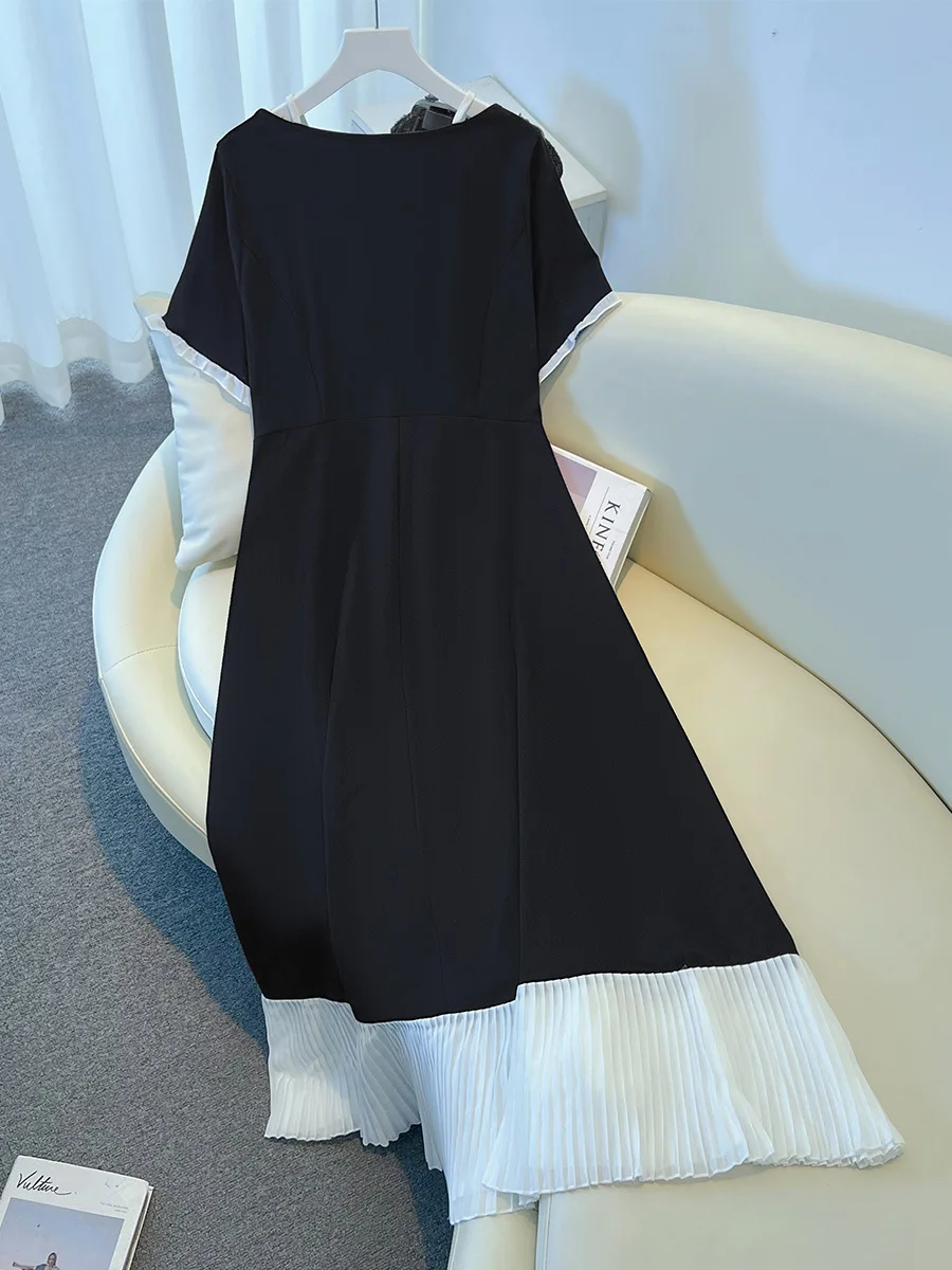 140Kg Plus Size Women's Bust 142 Summer Loose Gentle Style Contrasting Dress Black 4XL 5XL 6XL 7XL 8XL