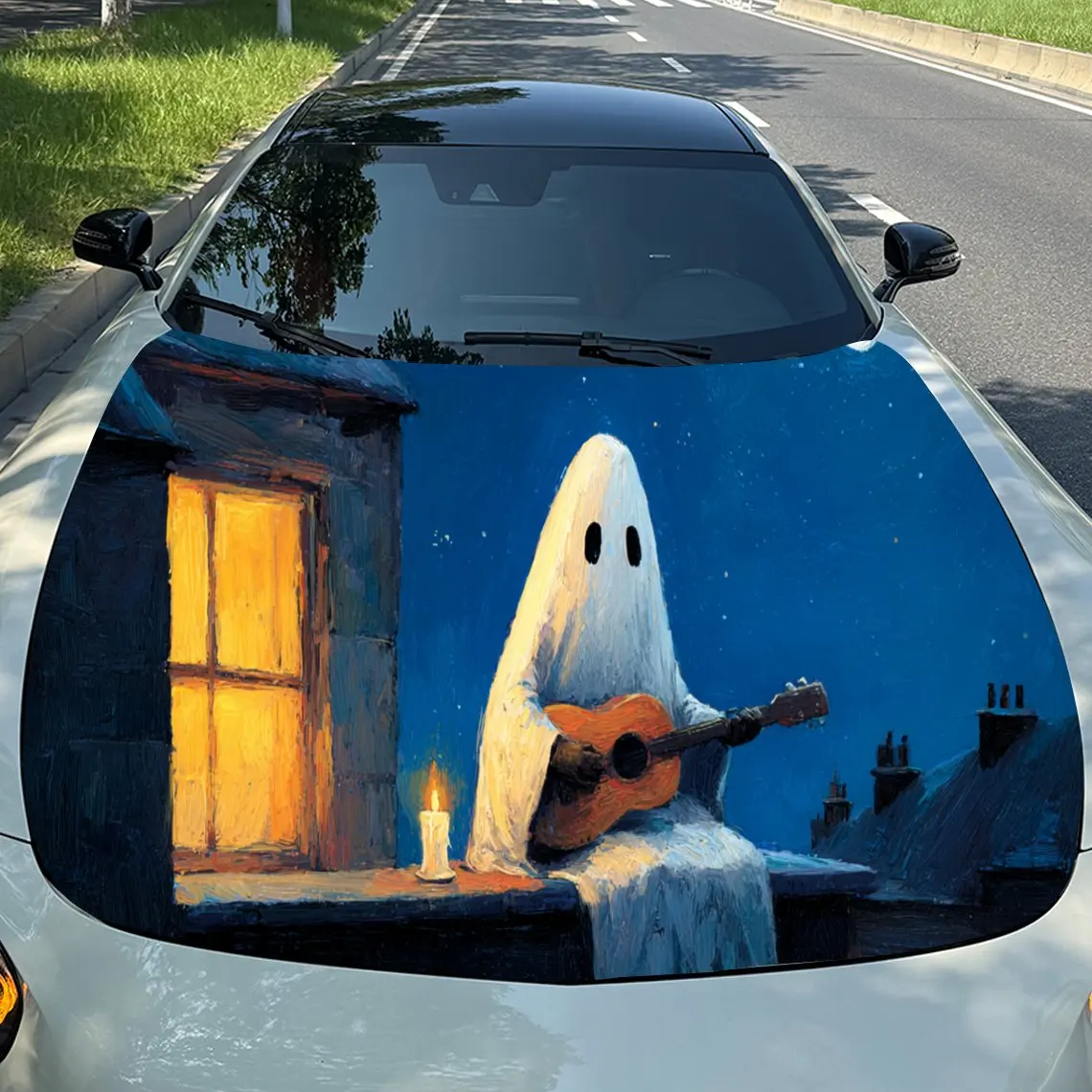 

Cute Ghost & Guitar Car Hood Stickers - Self-Adhesive, Waterproof and Durable Vinyl Wrap, Decorate And Protect Your Car, Fit For